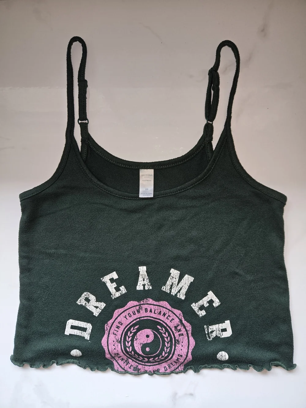 Arizona Jean Company Dark Green Cropped 'Dreamer' Graphic Tank with Pink Accent